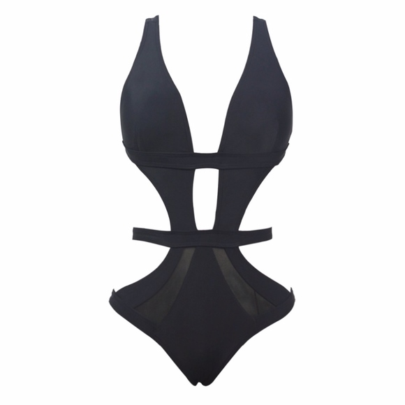Strappy Mesh Detail One Piece Swimsuit Black - Picture 6 of 8